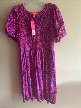 Lilly Pulitzer Pink and Blue Smocked Waist Short Sleeve Dress